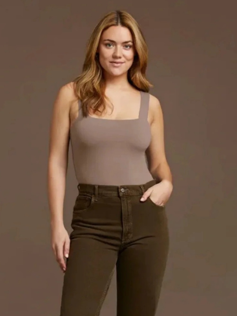 Nuuds Brown Mocha Earth Tone Square Neck Sleeveless Tank Thong Bodysuit